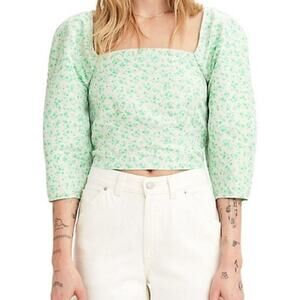 Levi’s Yvie Floral Square Neck Crop Top XL Green Puff Sleeve NWT